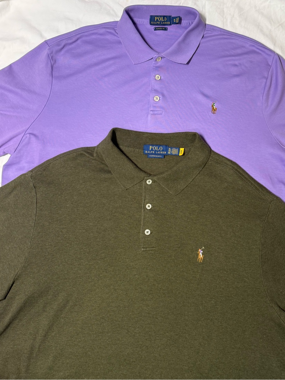 Lot of 2 Polo Ralph Lauren Polo Shirts Men's XL Green EUC, Purple Fair Cond